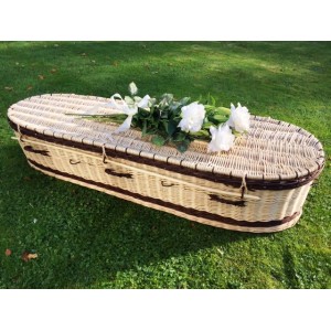 Autumn Gold Premium Wicker / Willow Creamy White with Chestnut (Oval) Coffin - **Rest in Peace**